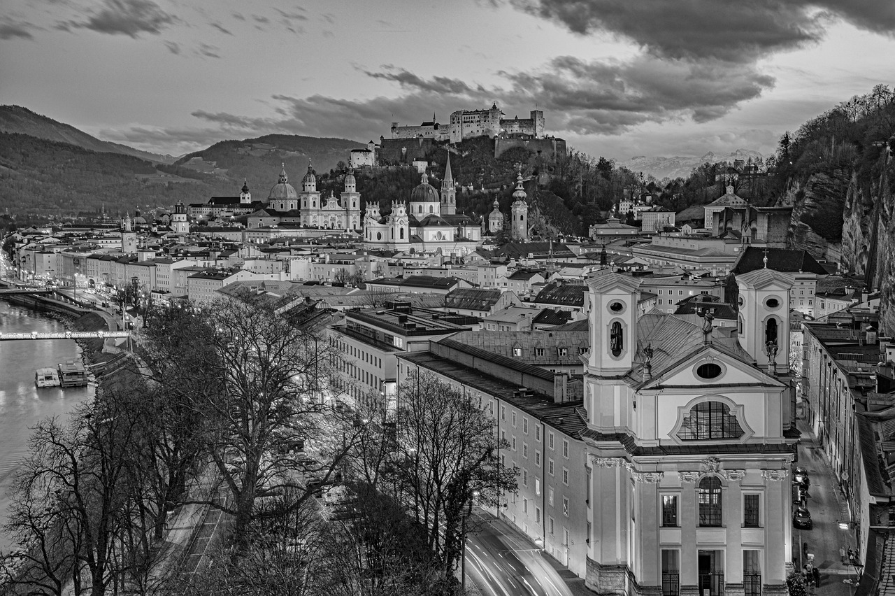 Salzburg old town streets lit up at night