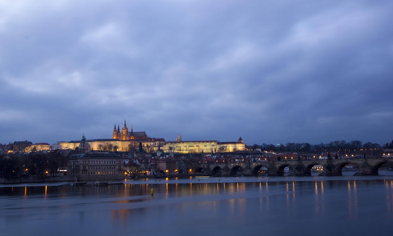 Night view of Prague with lit bridges