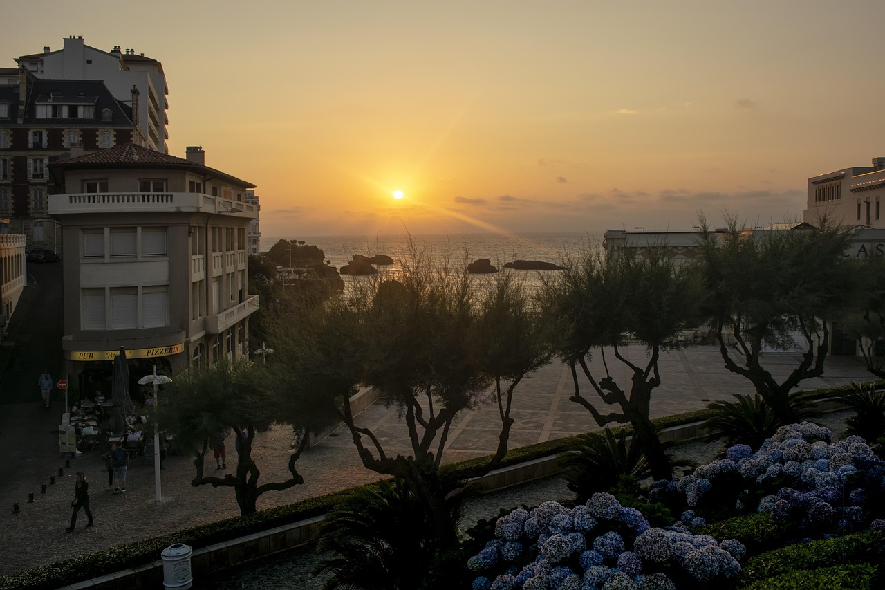 Seafront promenade with city skyline in Biarritz