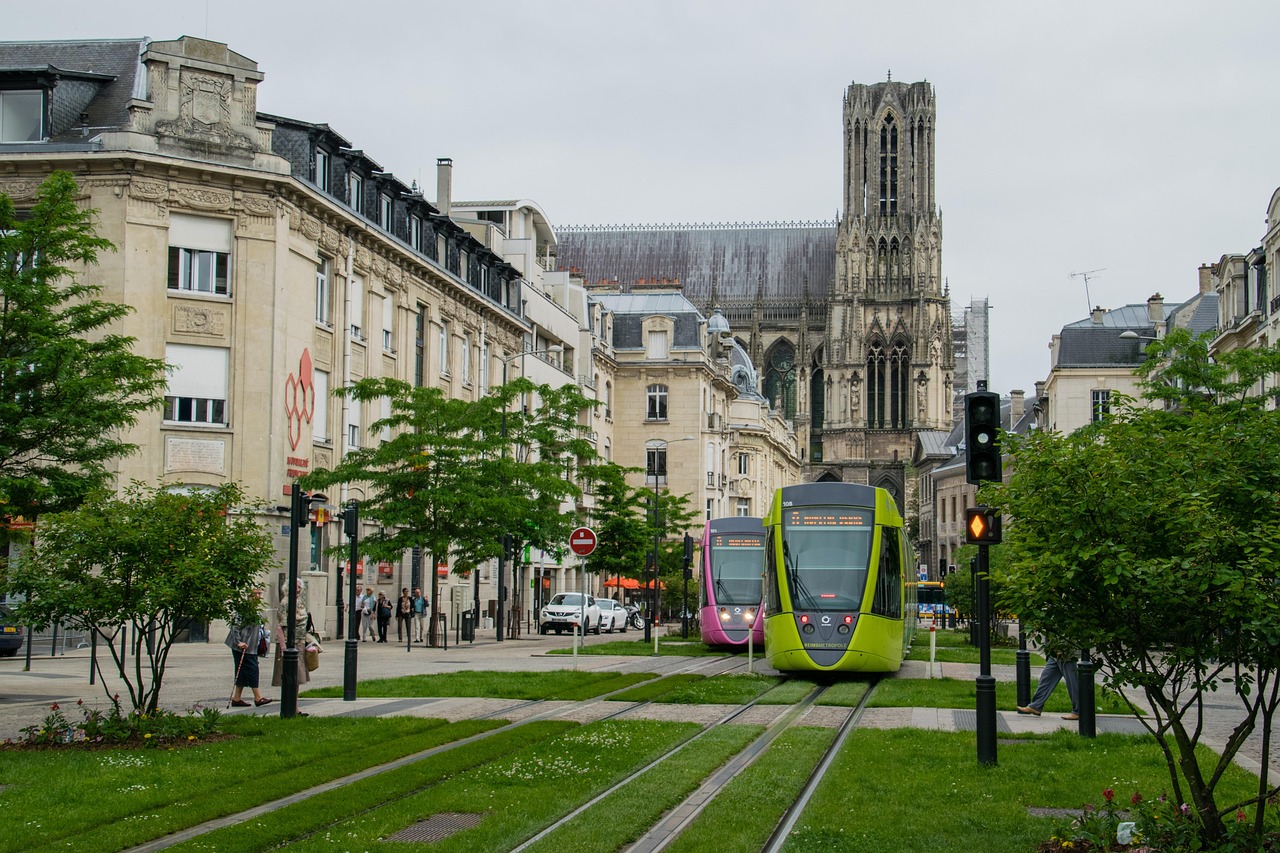 Tram and streets in Reims city center
