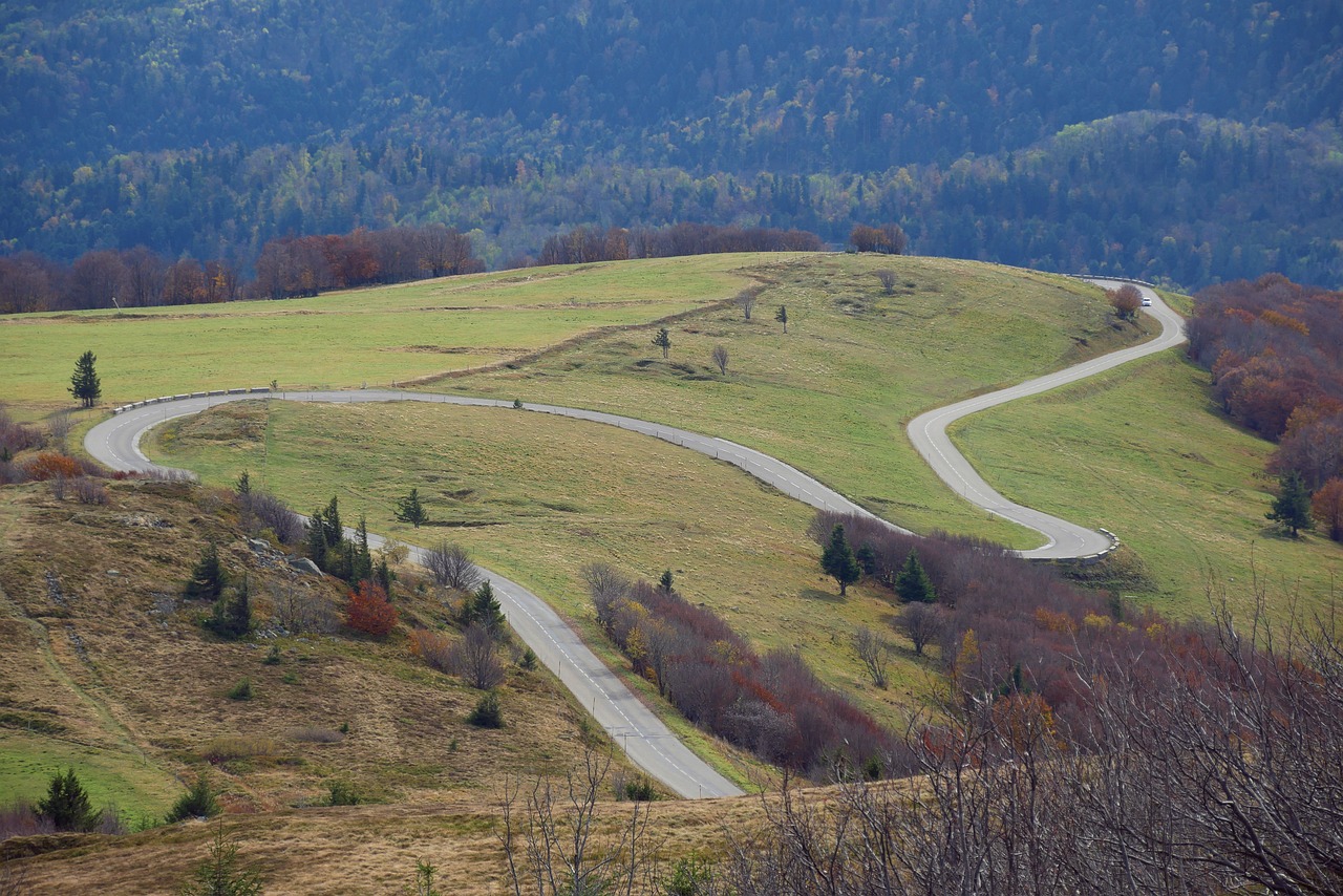 Mountain road winding through the Vosges Mountains