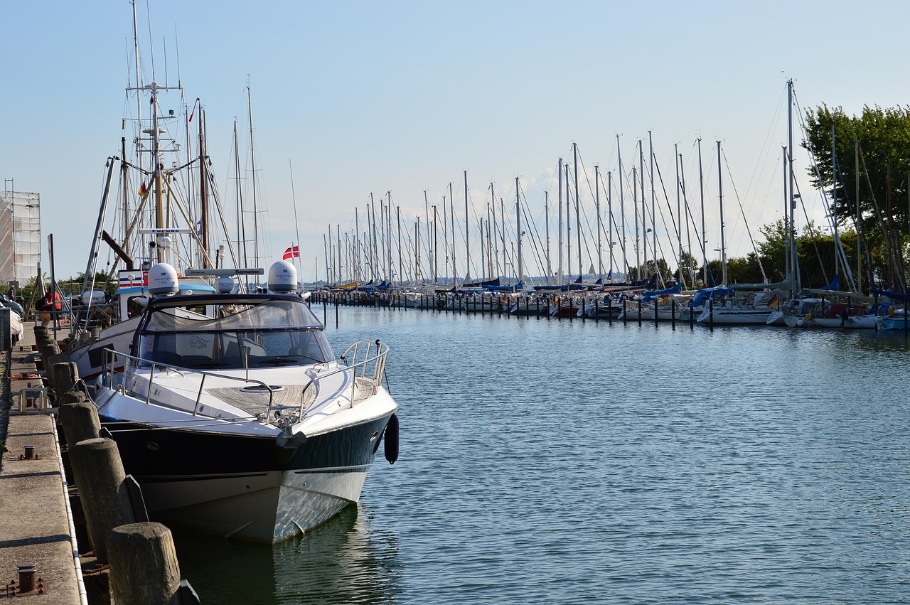 Orth harbor on Fehmarn with small boats and waterside restaurants