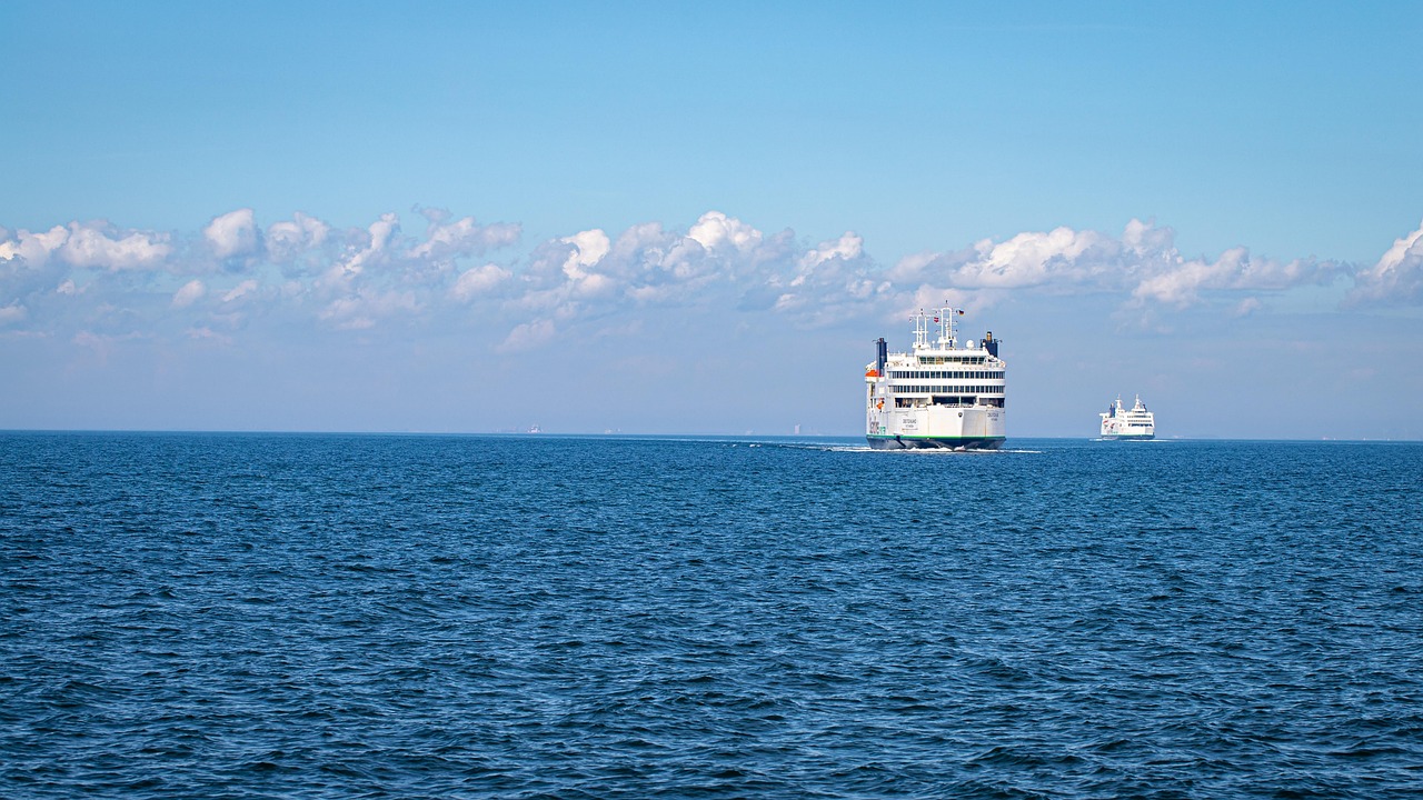 Puttgarden ferry port on Fehmarn with ships leaving
