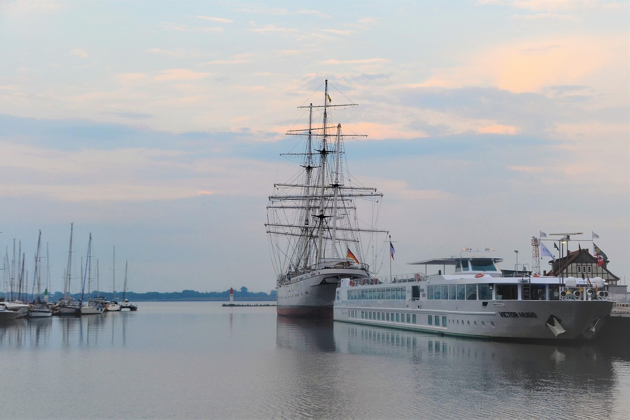 Historic harbor and Gorch Fock I sailing ship in Stralsund