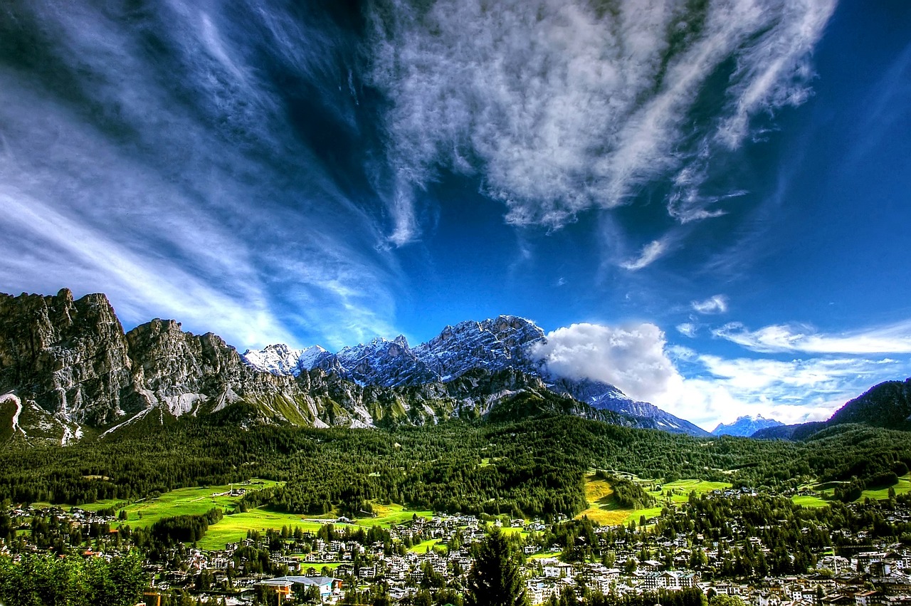 Cortina d’Ampezzo town with surrounding Dolomites peaks