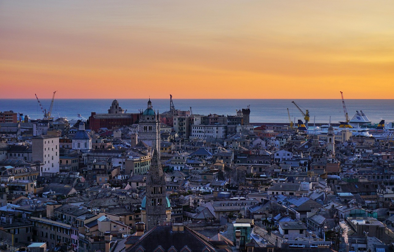 Sunset skyline of Genoa Italy