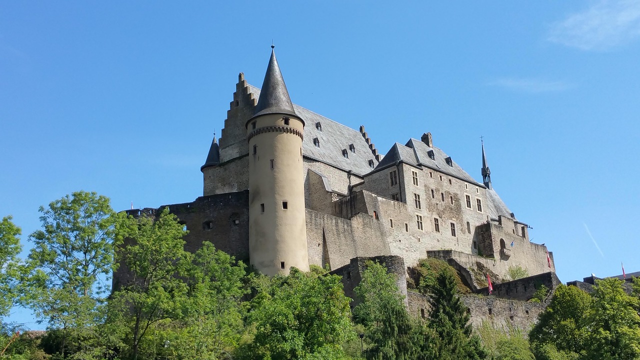 Vianden Castle on a hill above the town of Vianden in Luxembourg