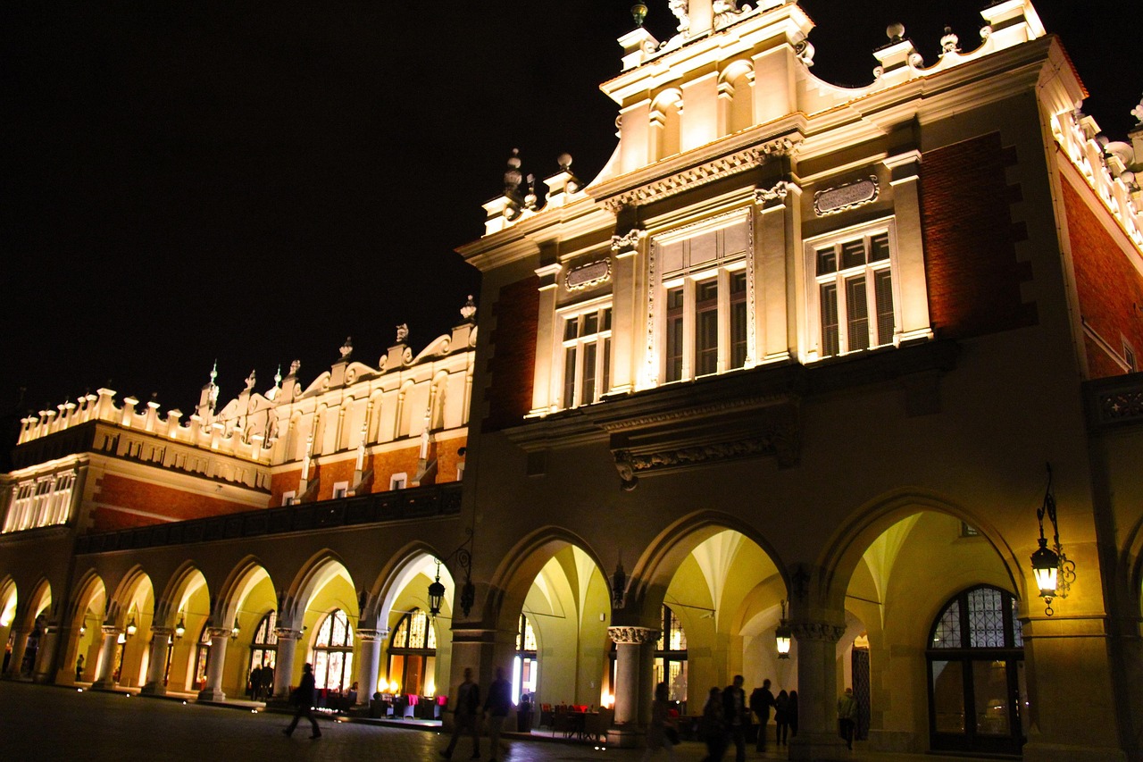 Nightlife and illuminated main square in Krakow