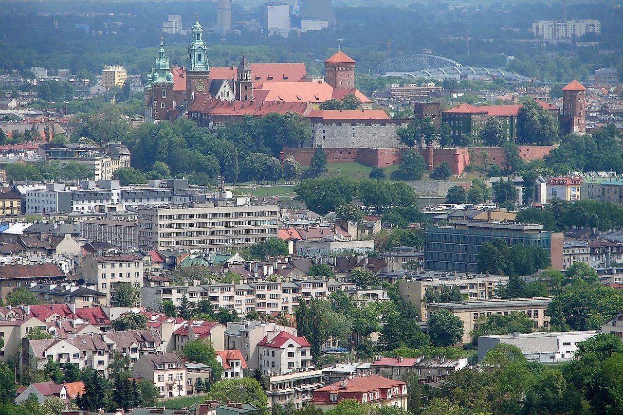 Panoramic view of Krakow with Wawel Castle and Old Town