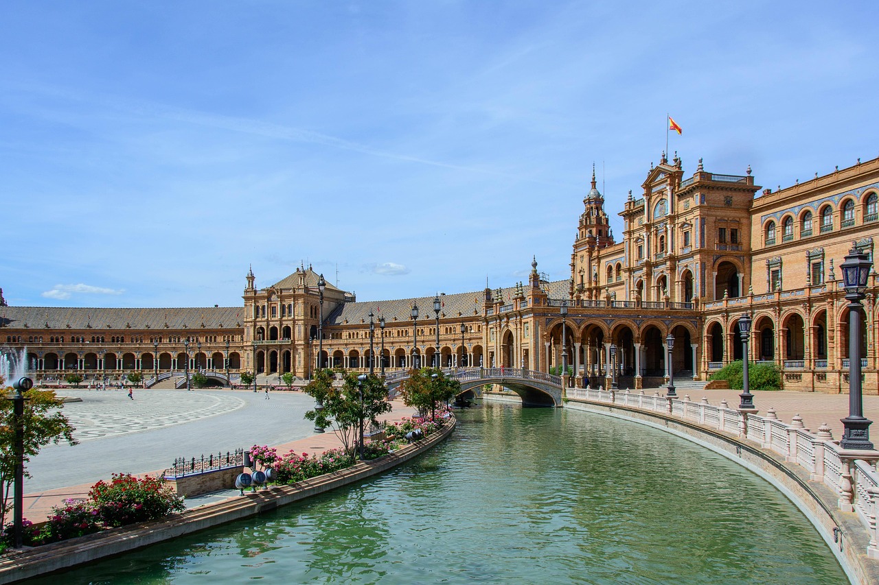 Plaza de España in Seville with canal and towers