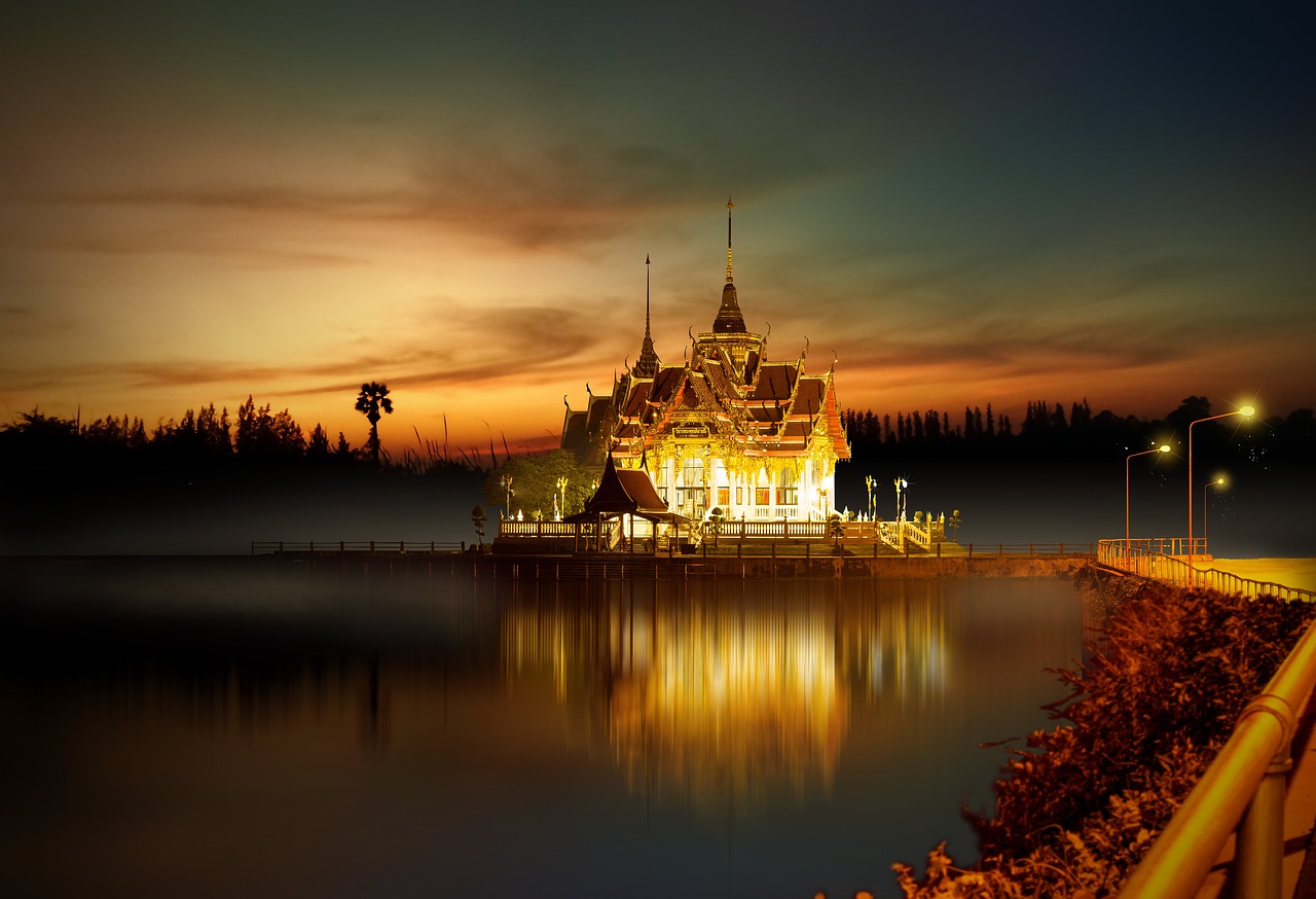 Bangkok temple and river at sunset