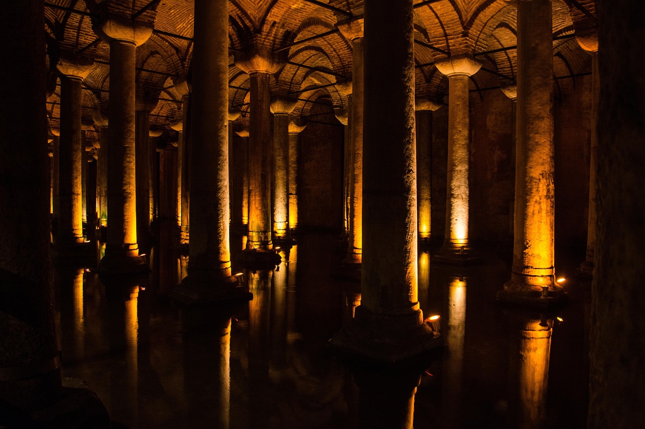 Columns inside Basilica Cistern in Istanbul