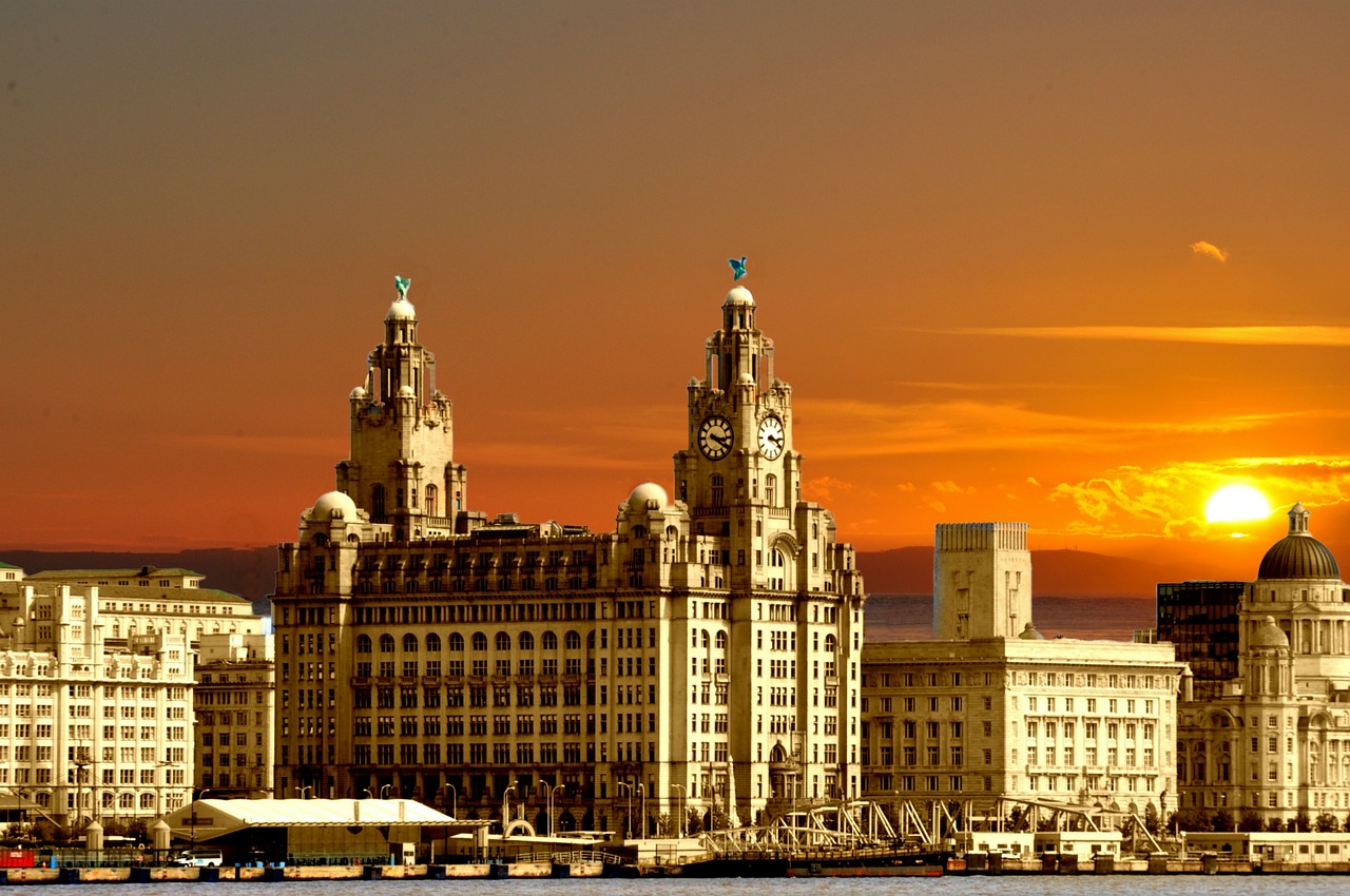 Liverpool waterfront at sunset in mild weather