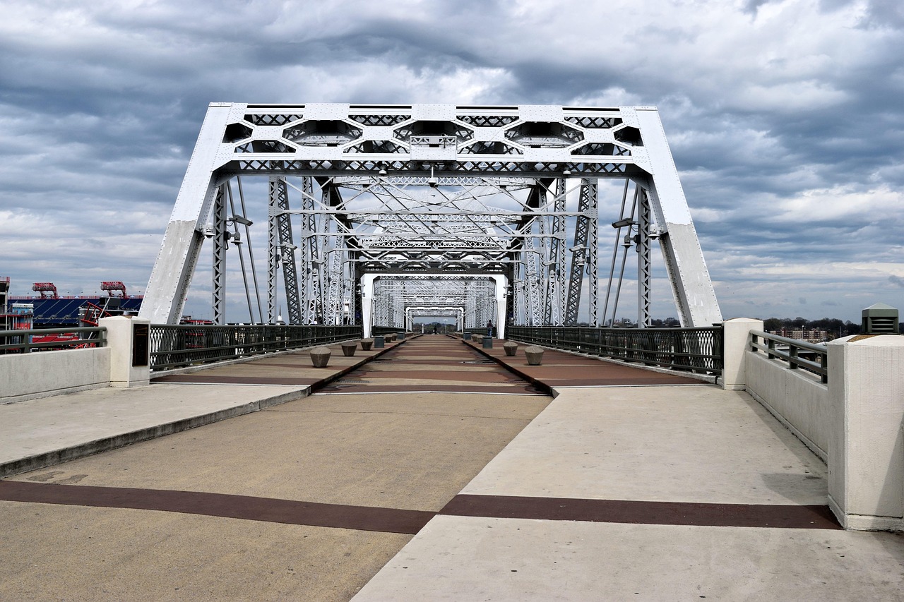 Pedestrian bridge with Nashville skyline view
