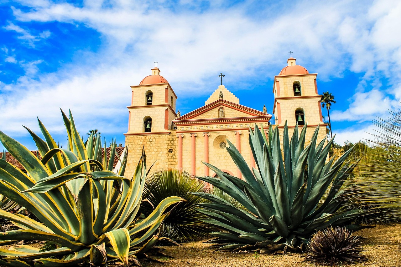 Old Mission Santa Barbara facade and gardens