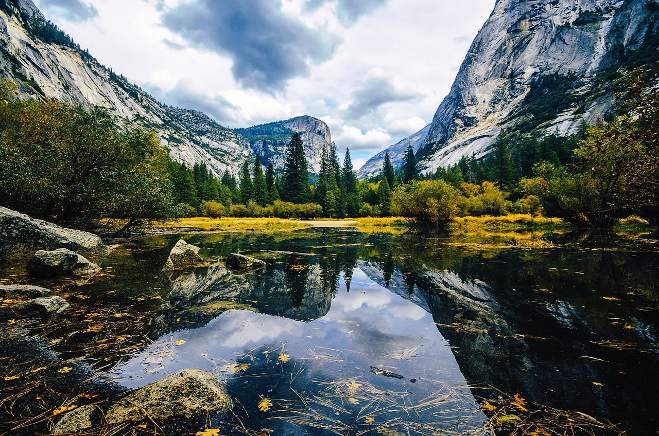 Mirror Lake reflecting cliffs in Yosemite
