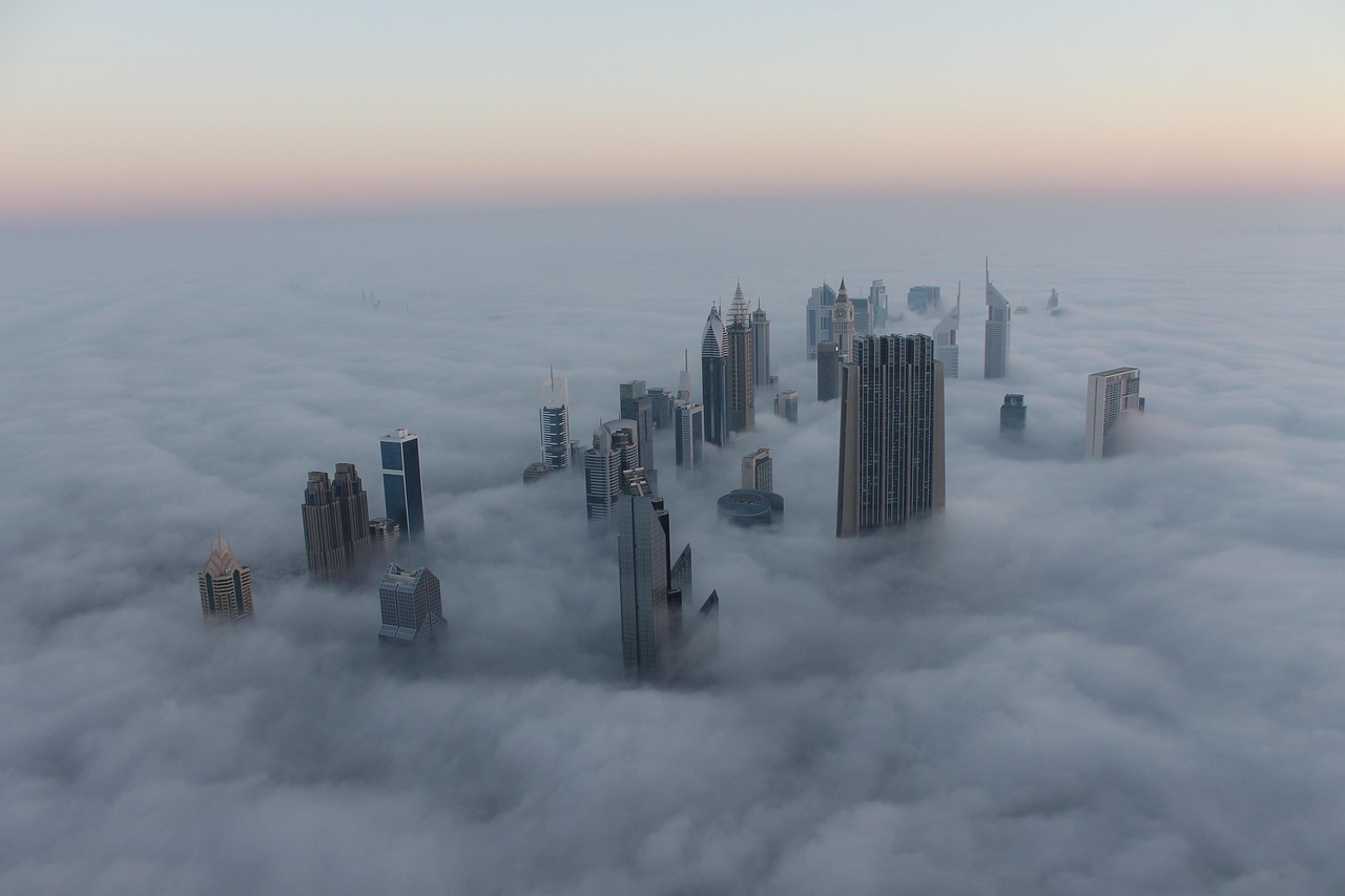 Aerial view of Dubai neighborhoods and skyline